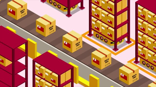 Smart Automated Warehouse System with Flag of TONGA, Modern Industrial Logistics and Supply Chain Animation