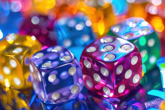Vibrant dice on a reflective surface, illuminated by colorful bokeh, creating a festive atmosphere perfect for casino games or a board game night