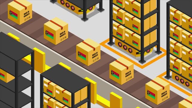 Smart Automated Warehouse System with Flag of VANUATU, Modern Industrial Logistics and Supply Chain Animation