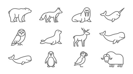 Arctic animal icons polar bear fox walrus narwhal and more © bro