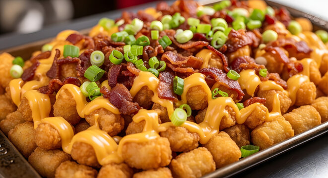 Delicious loaded tater tots with cheese sauce, bacon, and green onions.