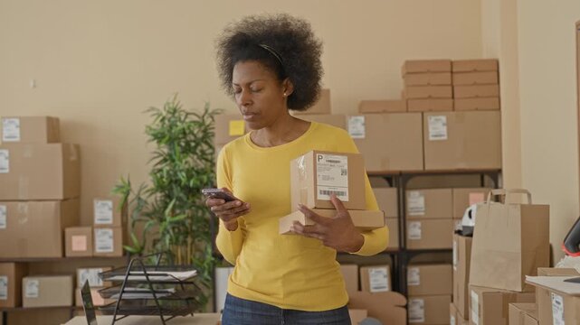 Woman holding parcel and smartphone, checking shipping label and package in a packing room building; focused entrepreneurship.