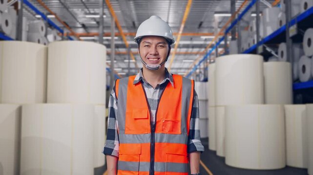 Asian Male Engineer With Safety Helmet Smiling To Camera While Standing at Warehouse with Rows of Stacked White Polymer and Paper Rolls