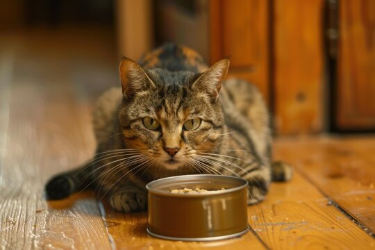 European shorthair cat eating wet food from a metal bowl placed on a wooden floor