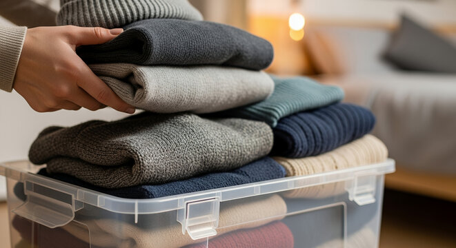 Woman organizing folded clothes in a clear storage box at home  