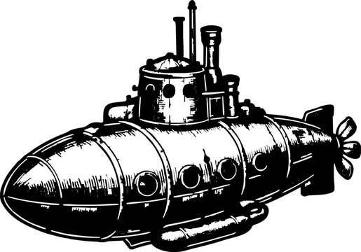 A black and white illustration of a vintage submarine, featuring a periscope and propeller. This drawing evokes naval history, exploration, and military design.