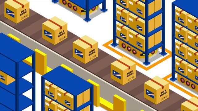 Smart Automated Warehouse System with Flag of MARSHALL ISLANDS, Modern Industrial Logistics and Supply Chain Animation