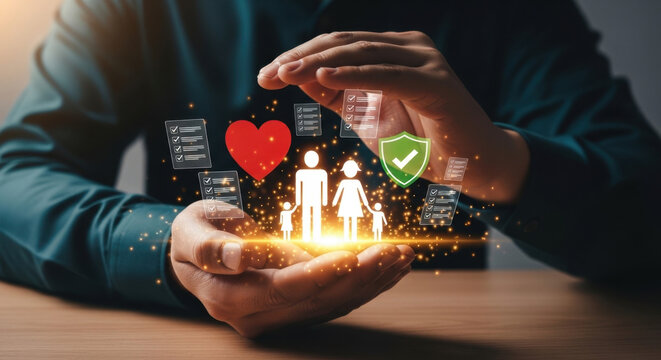 Insurance advisor ensures family protection with financial security planning, risk management, health coverage, life insurance policy, social safety, long term stability, protection system. 