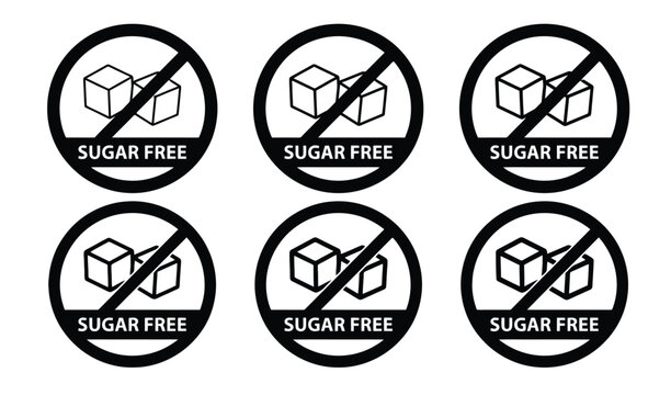 Six identical black and white sugar-free icons, each displaying crossed-out sugar cubes and the text 'SUGAR FREE'.