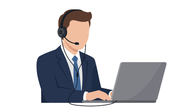 Professional customer support representative wearing a headset and working on a laptop computer.