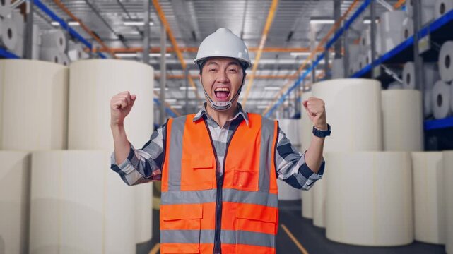 Asian Male Engineer With Safety Helmet Screaming Goal Celebrating Working at Warehouse with Rows of Stacked White Polymer and Paper Rolls