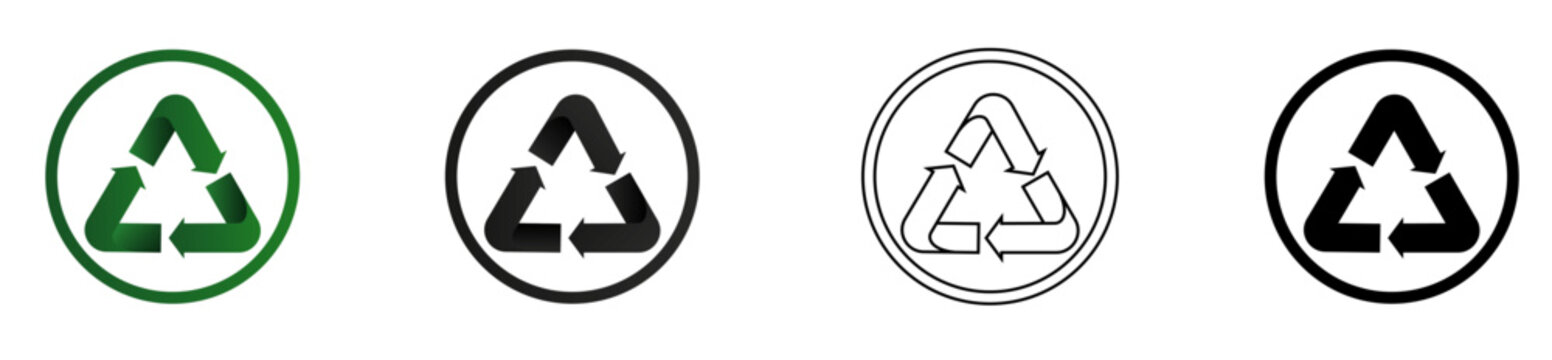 Conjunto de icono circular de s&iacute;mbolo de reciclable. Versi&oacute;n en blanco y negro y en color. Ilustraci&oacute;n vectorial para sitio web, folleto, app, tienda de animales y otros.