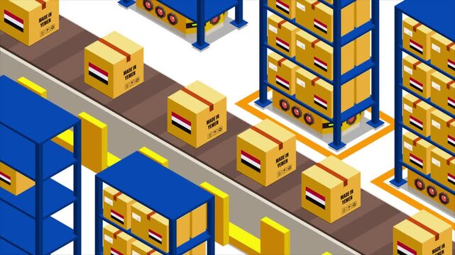 Smart Automated Warehouse System with Flag of YEMEN, Modern Industrial Logistics and Supply Chain Animation