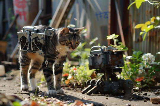 Cat exploring industrial area with mechanical device attached