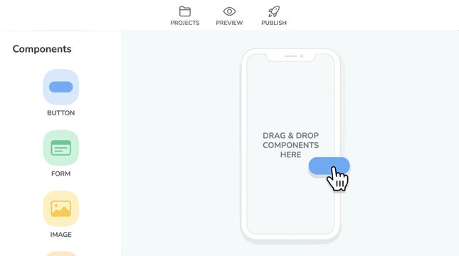 A user interface design tool showing a button component being dragged onto a smartphone mockup for app development.