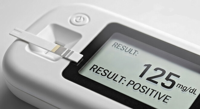 Medical test strip and meter displaying result showing positive 125 reading. Diagnostic test strip and meter displaying result indicates health status.