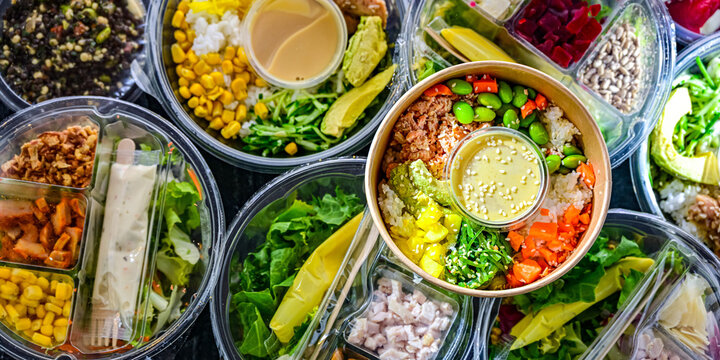 Plastic boxes with pre-packaged vegetable salads