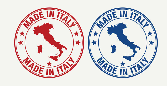 Two circular 'Made in Italy' stamps, one red and one blue, featuring the map silhouette of Italy with stars.