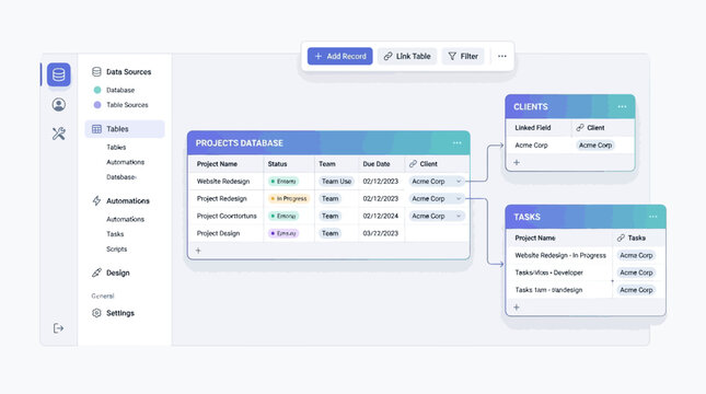 Software interface displaying a project management dashboard with linked data tables and a navigation menu.