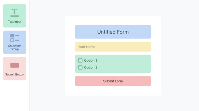 A screenshot of a web application interface for designing and previewing a simple online form with various input elements.