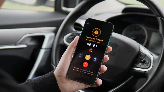 Modern driver reacting to a suspicious contact alert on a smartphone. Realistic UI emphasizes privacy and unverified caller risks. Great for social engineering, call-blocking app ads, and digital