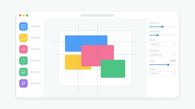 A digital design interface displaying colorful overlapping rectangular shapes on a grid with toolbars and property panels.