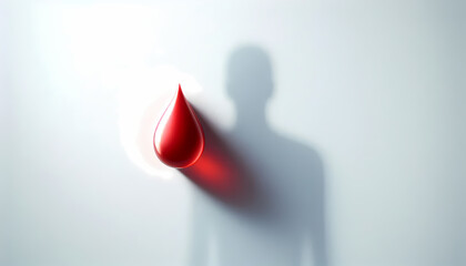 Fototapeta premium A minimalist white background with a single glossy red blood drop centered, casting a soft shadow forming a human silhouette, perfect for World Blood Donor Day or blood donation campaigns