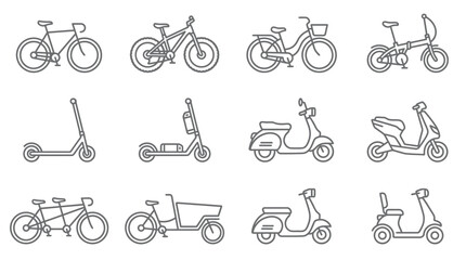 Various bicycle and scooter illustrations in minimalist line art style © bro
