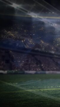 Vertical video: Roof lights pulsing starting stadium map overlay drifting center for prematch