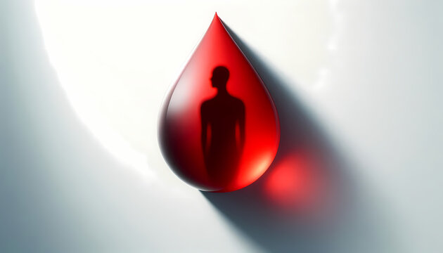 A minimalist white background with a single glossy red blood drop centered, casting a soft shadow forming a human silhouette, perfect for World Blood Donor Day or blood donation campaigns