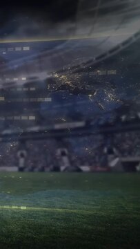 Vertical video: Frame start globe drifting right over pitch while HUD flashing showing match feed