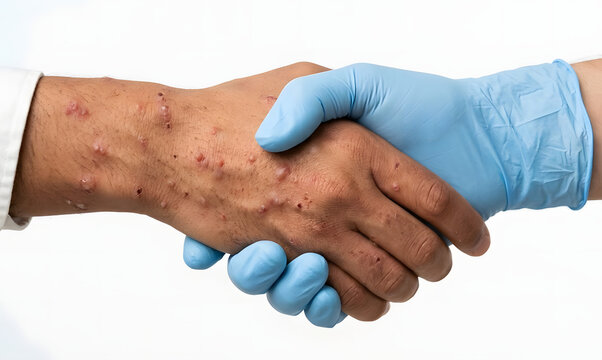 Close-up of a Medical Professional in Blue Glove Shaking Hands with a Person Affected by MPox (Monkeypox) or Smallpox Lesions. Conceptual Image of Disease Transmission and Prevention.