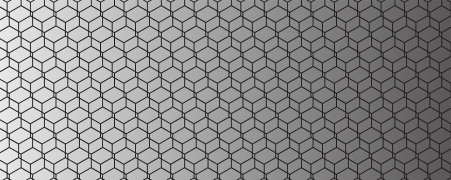 Dark grey abstract wide horizontal banner with hexagon carbon fiber grid and orange luminous lines. Technology vector background with orange neon lines