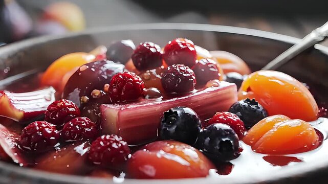 Delicious Mixed Berry and Rhubarb Compote Served in a Rustic Bowl.