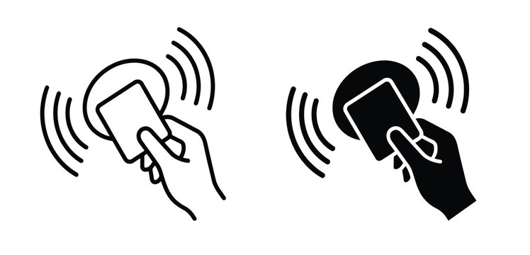 Two icons depicting a hand holding a credit card near a contactless reader with wireless signal waves, one in outline and one in solid black.