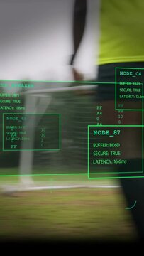 Vertical video: Players closing on ball near goal, keeper lunging to defend, sports HUD tracking