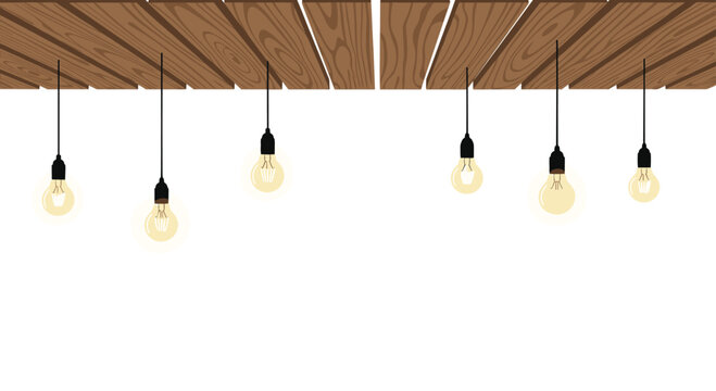 A collection of illuminated pendant bulbs hangs from a slatted wooden ceiling featuring natural grain textures in a minimalist architectural interior design graphic illustration.