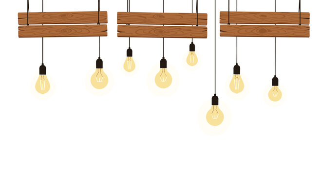 Several glowing vintage light bulbs hang at varying heights from three horizontal wooden support beams against a clean white background in this modern graphic illustration.