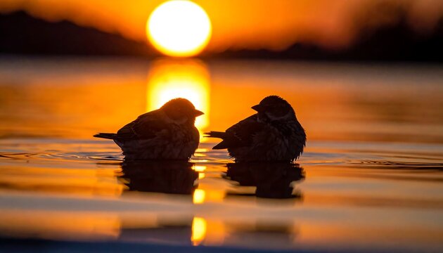 Two birds bathe in shallow water, the sun glows as it touches the mountains in the distance