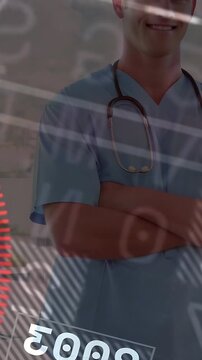 Vertical video: Dr standing folded arms while camera rising, HUD revealing steth and smiling for ad