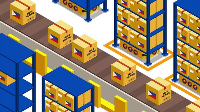 Smart Automated Warehouse System with Flag of PHILIPPINES, Modern Industrial Logistics and Supply Chain Animation