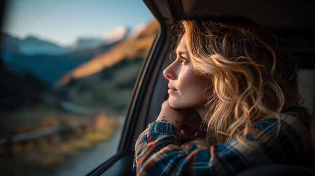 Woman looking out of car window at mountains at sunset with road trip