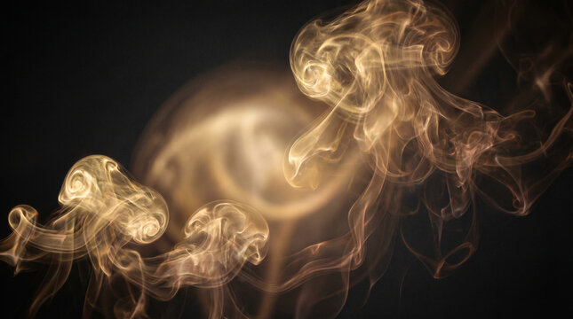 Abstract golden smoke swirls on black background for luxury product placement