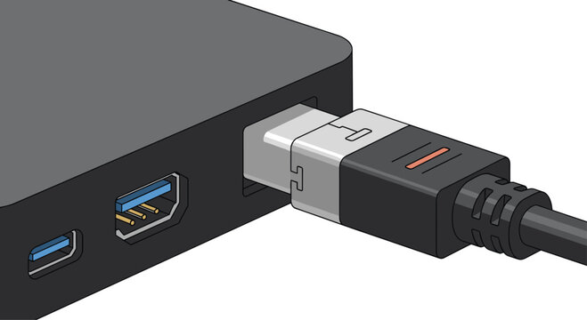 A black and grey power supply plug is partially inserted into a dark electronic device port on a clean studio background with professional soft lighting and monochromatic tones.