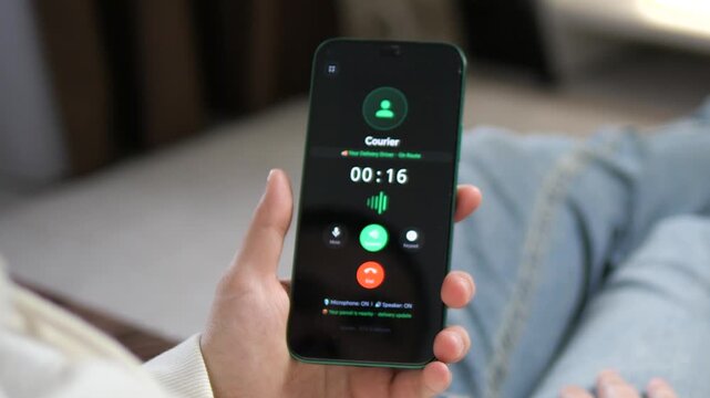Modern consumer contacting a courier for a package update. Realistic smartphone screen with an active call timer and parcel notification. Essential for marketing delivery apps, retail solutions, and