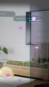 Vertical video: AR UI appearing over scale model, magenta nodes sliding and marking design plans