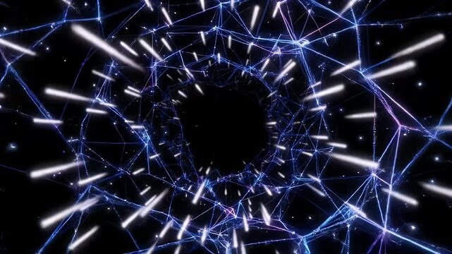 An abstract wireframe pattern with blue glowing lines forms a tunnel shape, receding into a black background. White glowing lines are interspersed, adding visual depth and movement to the composition.