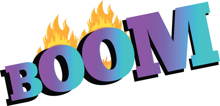 Boom word on fire with gradient colors and shadow effect represents explosion loud sound sudden event or impact exciting effect cartoon style isolated on white background.
