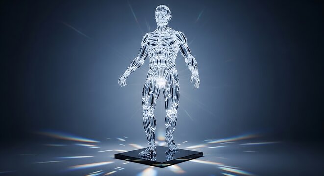 Shining robotic humanoid figure standing alone.