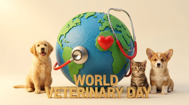 World Veterinary Day: Globe with Stethoscope, Golden Retriever, Corgi, and Kitten on Neutral Background